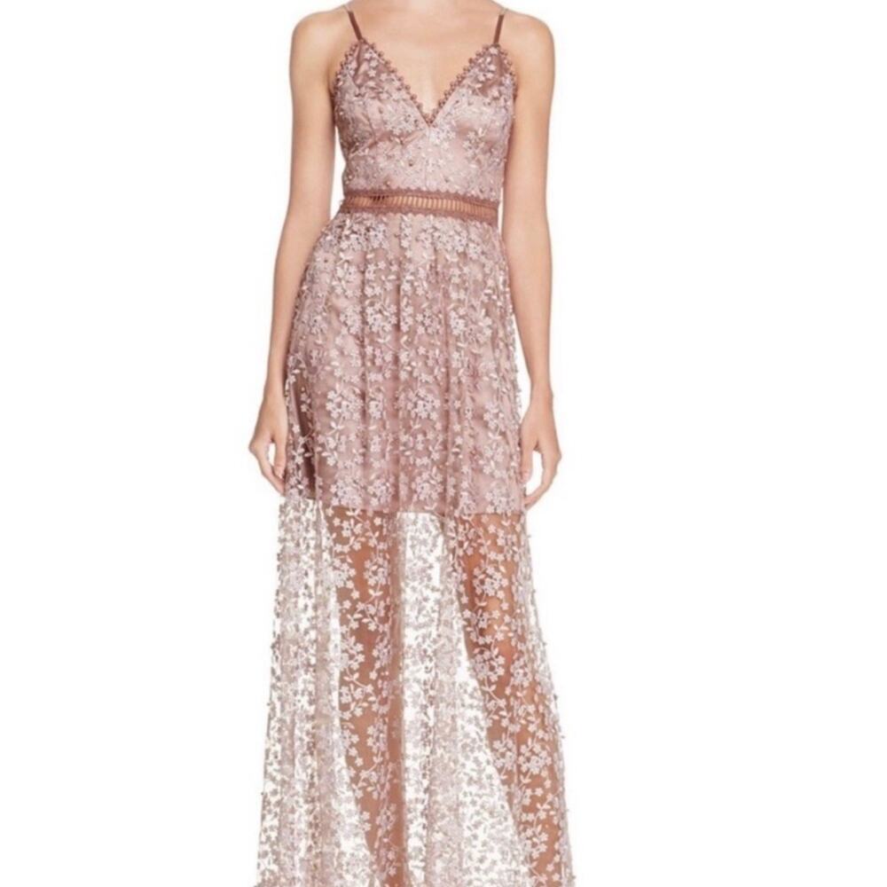 Bloomingdale’s AQUA Long Floral Mauve Beaded Dress S Fairy Whimsy Semi Sheer